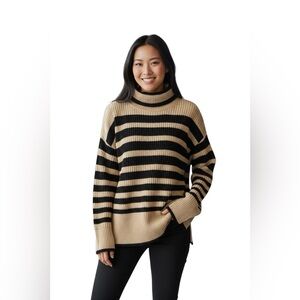 CAbi Polo Turtleneck Sweater Sz M Striped Chunky Tan Black